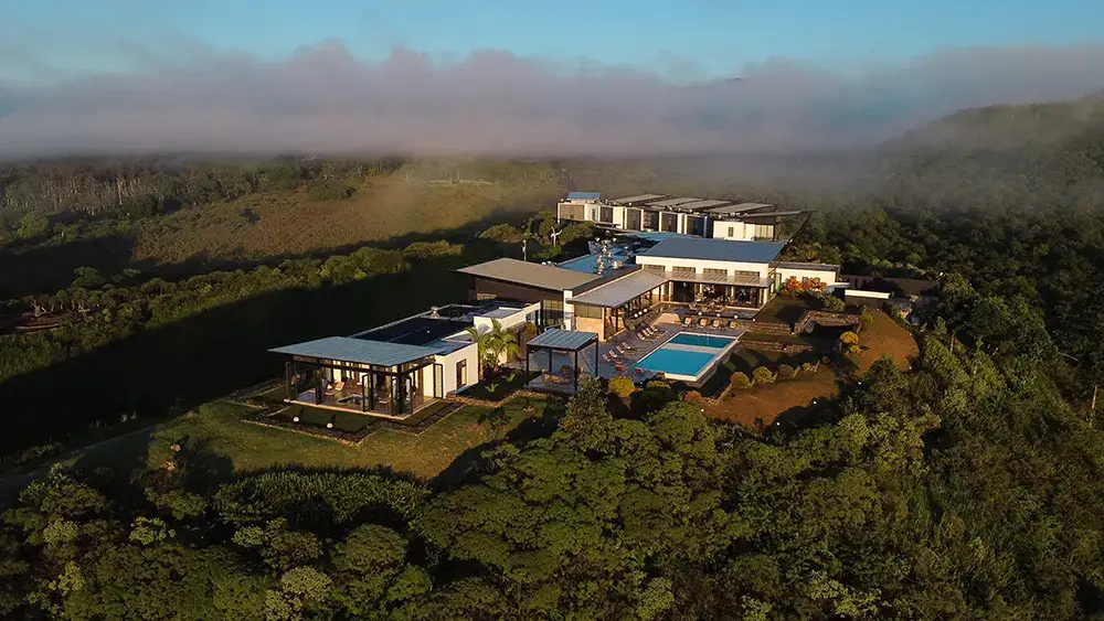 Aerial view of Pikaia Lodge in the Galápagos highlands