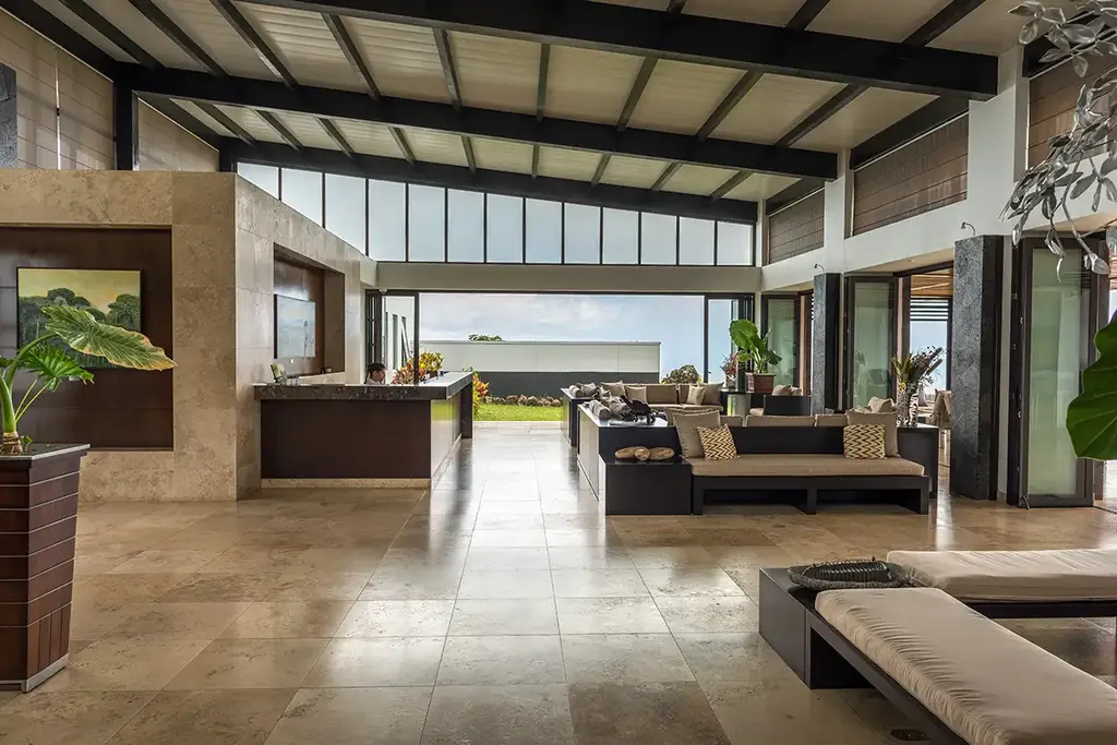 Pikaia Lodge lobby looking out to the highlands