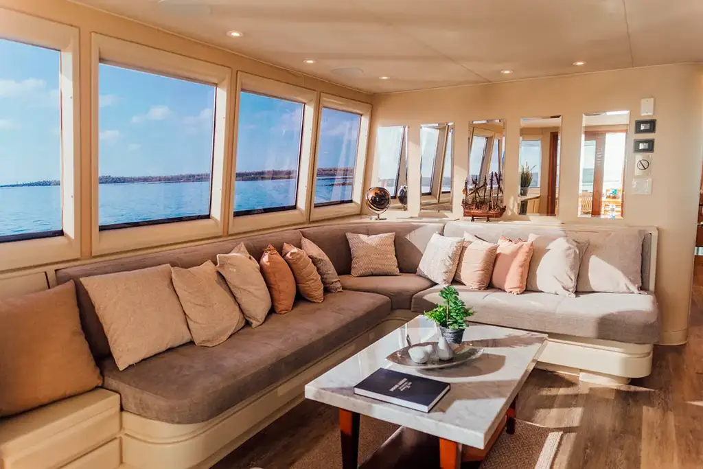 Lounge interior aboard M/Y Vision Pikaia